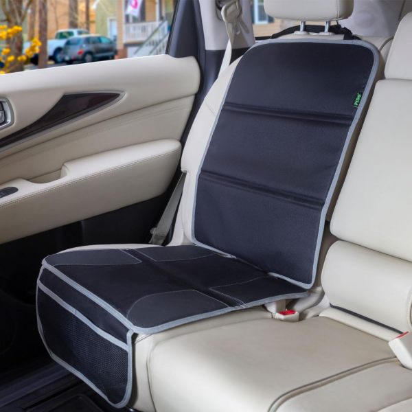 PIDO Car Seat Protector, Seat Cover Mat under Baby Carseat to Protect Fabric and Leather Upholstery, Black with Gray Stitching