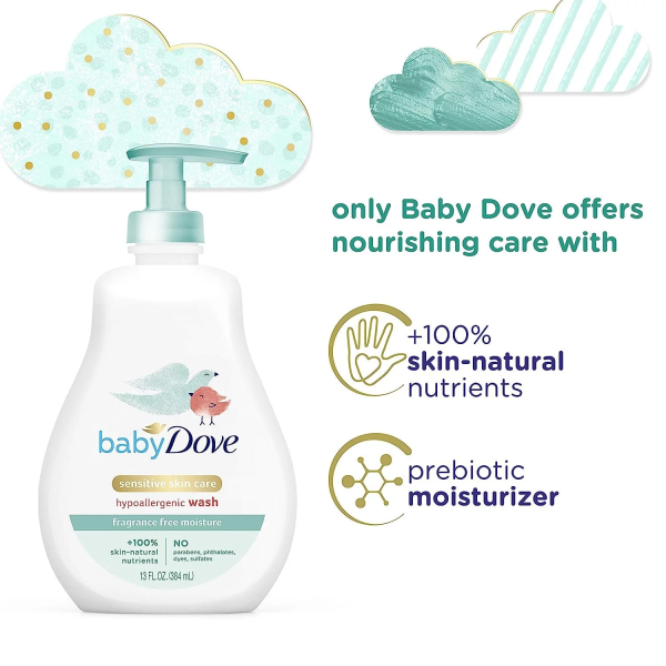 Baby Dove Sensitive Skin Care Baby Wash for Baby Bath Time Fragrance Free Moisture Fragrance Free and Hypoallergenic, Washes Away Bacteria 13 Oz