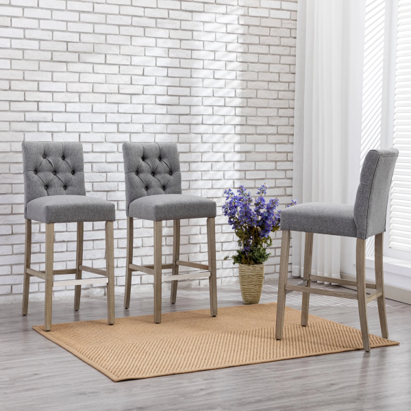Westintrends Hayes Stools for Kitchen Counter Set of 3, Linen Upholstered Button Tufted Counter High Chairs Solid Wood Legs, Brown