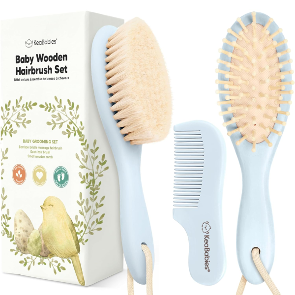 Baby Hair Brush and Comb Set for Newborn - Wooden Baby Hair Brush Set with Soft Goat Bristle, Baby Brush Set for Newborns Baby Brush and Comb Set Girl, Boy, Toddler Cradle Cap Brush (Oval, Walnut)