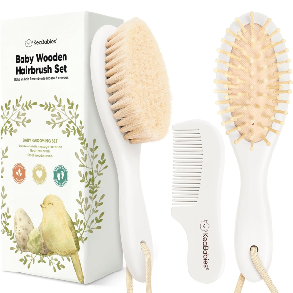 Baby Hair Brush and Comb Set for Newborn - Wooden Baby Hair Brush Set with Soft Goat Bristle, Baby Brush Set for Newborns Baby Brush and Comb Set Girl, Boy, Toddler Cradle Cap Brush (Oval, Walnut)