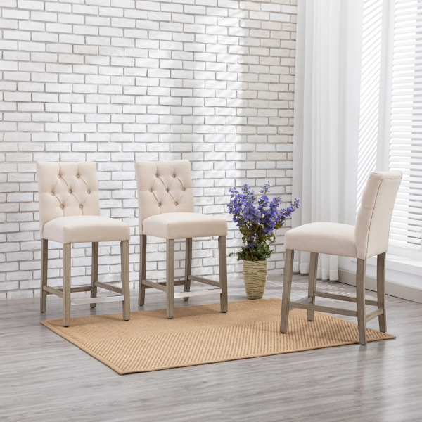 Westintrends Hayes Stools for Kitchen Counter Set of 3, Linen Upholstered Button Tufted Counter High Chairs Solid Wood Legs, Brown