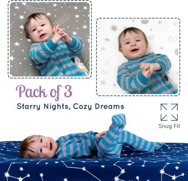 GROW WILD Crib Sheets for Boys or Girls | 3 Pack Soft Stretchy Jersey Cotton Fitted Crib Sheet Neutral | Grey White Navy Blue Baby Crib Sheets for Girl, Crib Mattress Sheet or Toddler Bed Sheets