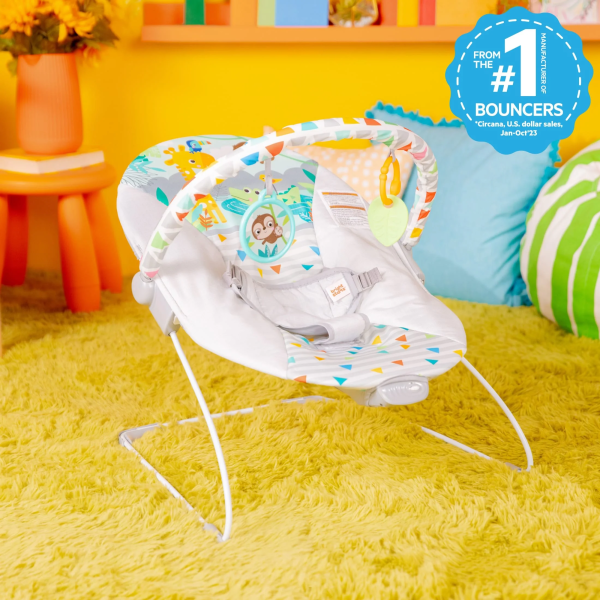 Bright Starts Vibrating Infant Baby Bouncer with Toy Bar, Safari Fun