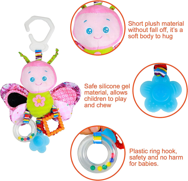 Baby Stroller & Car Seat Toy with Teether and Hanging Rattle – Soft Plush Toy for Infants (3–12 Months)