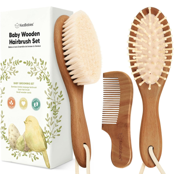 Baby Hair Brush and Comb Set for Newborn - Wooden Baby Hair Brush Set with Soft Goat Bristle, Baby Brush Set for Newborns Baby Brush and Comb Set Girl, Boy, Toddler Cradle Cap Brush (Oval, Walnut)