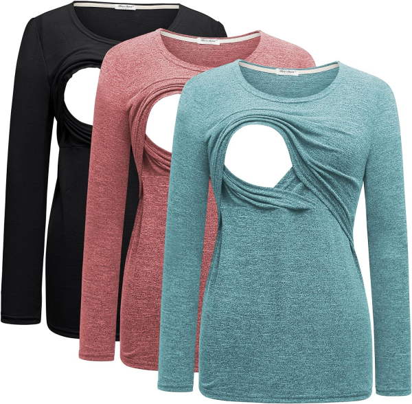 Bearsland Women'S 3 Packs Maternity Clothes Long Sleeves Breastfeeding Shirts Nursing Top