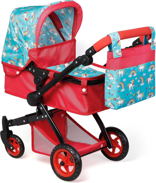 Fash N Kolor Foldable Pram for Baby Doll with Polka Dots Design with Swiveling Wheel Adjustable Handle