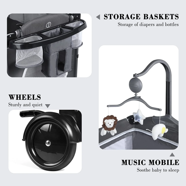 ANGELBLISS 5 in 1 Flat Bassinet Bedside Sleeper, Rocking Bassinet, Easy Folding Portable Playards, Pack and Play with Mattress, Diaper Changer and Music Mobile(Dark Grey)(0-12Months)