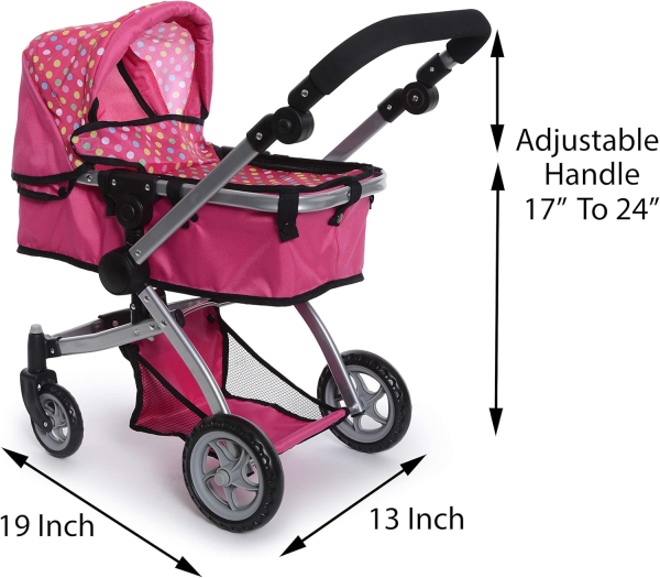 Fash N Kolor Foldable Pram for Baby Doll with Polka Dots Design with Swiveling Wheel Adjustable Handle