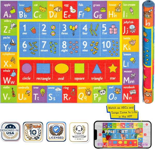 KC Cubs ABC Alphabet, Numbers and Shapes Educational Learning & Fun Game Play Area Non Slip Boy & Girl Kids Rug Carpet for Children Bedroom, Toddler Classroom & Baby Playroom Mat, Playtime Activity
