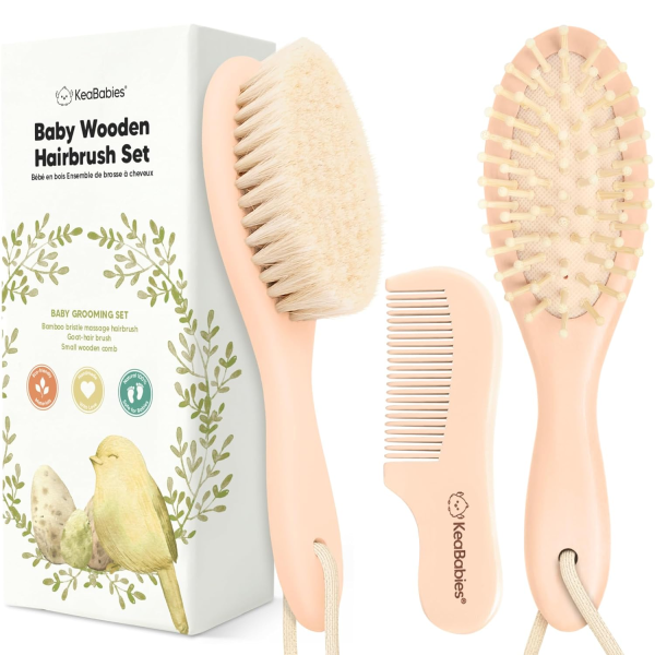 Baby Hair Brush and Comb Set for Newborn - Wooden Baby Hair Brush Set with Soft Goat Bristle, Baby Brush Set for Newborns Baby Brush and Comb Set Girl, Boy, Toddler Cradle Cap Brush (Oval, Walnut)