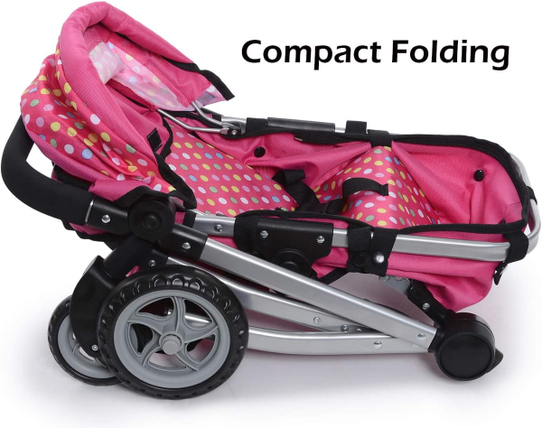 Fash N Kolor Foldable Pram for Baby Doll with Polka Dots Design with Swiveling Wheel Adjustable Handle