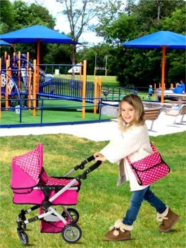 Fash N Kolor Foldable Pram for Baby Doll with Polka Dots Design with Swiveling Wheel Adjustable Handle