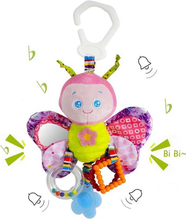 Baby Stroller & Car Seat Toy with Teether and Hanging Rattle – Soft Plush Toy for Infants (3–12 Months)