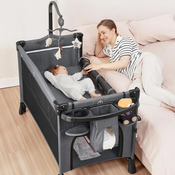 ANGELBLISS 5 in 1 Flat Bassinet Bedside Sleeper, Rocking Bassinet, Easy Folding Portable Playards, Pack and Play with Mattress, Diaper Changer and Music Mobile(Dark Grey)(0-12Months)
