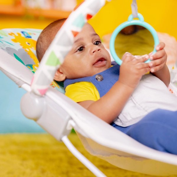 Bright Starts Vibrating Infant Baby Bouncer with Toy Bar, Safari Fun