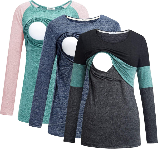 Bearsland Women'S 3 Packs Maternity Clothes Long Sleeves Breastfeeding Shirts Nursing Top