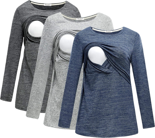 Bearsland Women'S 3 Packs Maternity Clothes Long Sleeves Breastfeeding Shirts Nursing Top