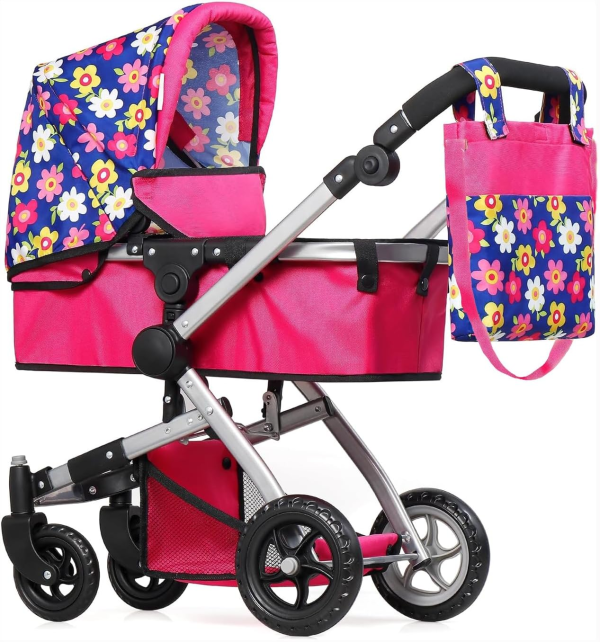 Fash N Kolor Foldable Pram for Baby Doll with Polka Dots Design with Swiveling Wheel Adjustable Handle