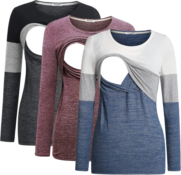 Bearsland Women'S 3 Packs Maternity Clothes Long Sleeves Breastfeeding Shirts Nursing Top