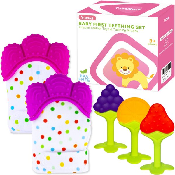 Teething Mittens for Baby (2 Pack) with Baby Teething Toys (3 Pack), Self Soothing Pain Relief Mitt, Silicone Teethers, Bpa-Free, Natural Organic Freezer Safe for Infants and Toddlers