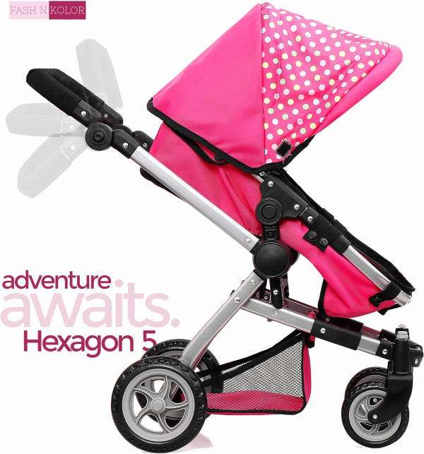 Fash N Kolor Foldable Pram for Baby Doll with Polka Dots Design with Swiveling Wheel Adjustable Handle