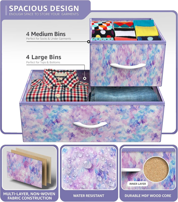 Sorbus Dresser with 8 Drawers - Furniture Storage Chest for Kid’S, Teens, Bedroom, Nursery, Playroom, Clothes, Toys - Steel Frame, Wood Top, Fabric Bins (Tie-Dye Purple)