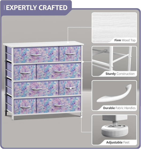 Sorbus Dresser with 8 Drawers - Furniture Storage Chest for Kid’S, Teens, Bedroom, Nursery, Playroom, Clothes, Toys - Steel Frame, Wood Top, Fabric Bins (Tie-Dye Purple)