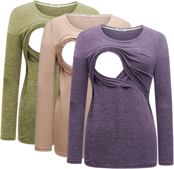 Bearsland Women'S 3 Packs Maternity Clothes Long Sleeves Breastfeeding Shirts Nursing Top