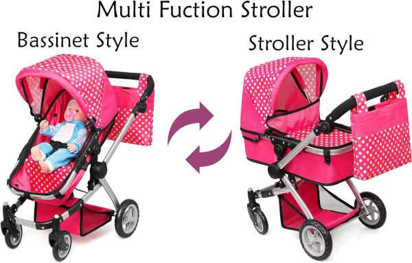 Fash N Kolor Foldable Pram for Baby Doll with Polka Dots Design with Swiveling Wheel Adjustable Handle