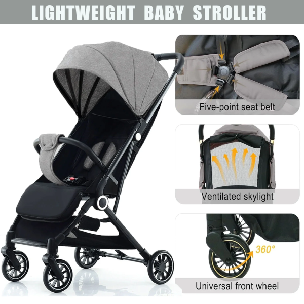 Yabanana Baby Stroller, Portable On-The-Go One-Touch Retractable Folding Stroller for 0-4 Years Old Babies. Gray