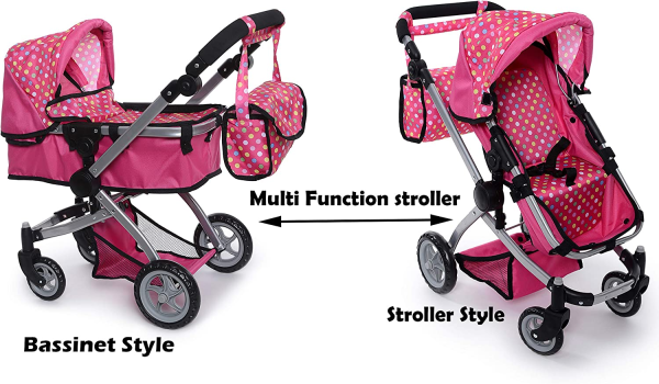 Fash N Kolor Foldable Pram for Baby Doll with Polka Dots Design with Swiveling Wheel Adjustable Handle