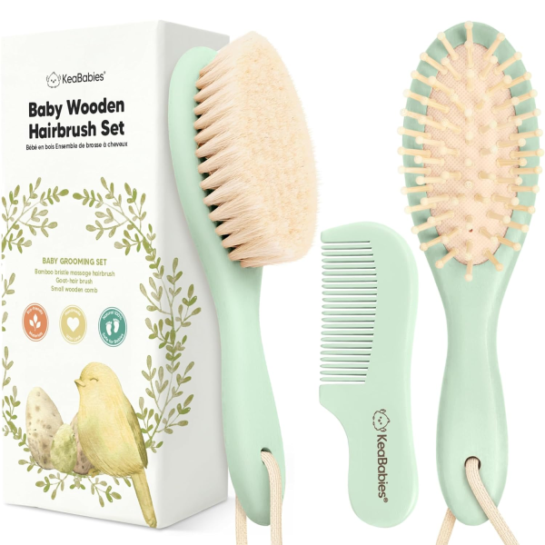 Baby Hair Brush and Comb Set for Newborn - Wooden Baby Hair Brush Set with Soft Goat Bristle, Baby Brush Set for Newborns Baby Brush and Comb Set Girl, Boy, Toddler Cradle Cap Brush (Oval, Walnut)
