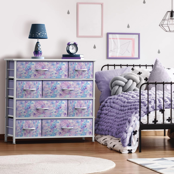Sorbus Dresser with 8 Drawers - Furniture Storage Chest for Kid’S, Teens, Bedroom, Nursery, Playroom, Clothes, Toys - Steel Frame, Wood Top, Fabric Bins (Tie-Dye Purple)