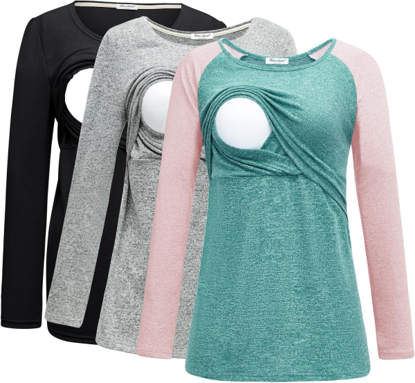 Bearsland Women'S 3 Packs Maternity Clothes Long Sleeves Breastfeeding Shirts Nursing Top