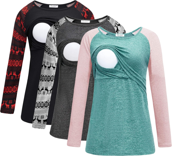 Bearsland Women'S 3 Packs Maternity Clothes Long Sleeves Breastfeeding Shirts Nursing Top
