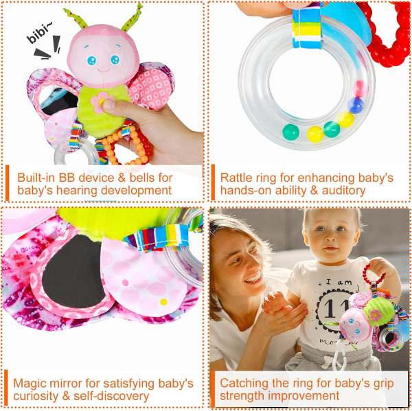 Baby Stroller & Car Seat Toy with Teether and Hanging Rattle – Soft Plush Toy for Infants (3–12 Months)