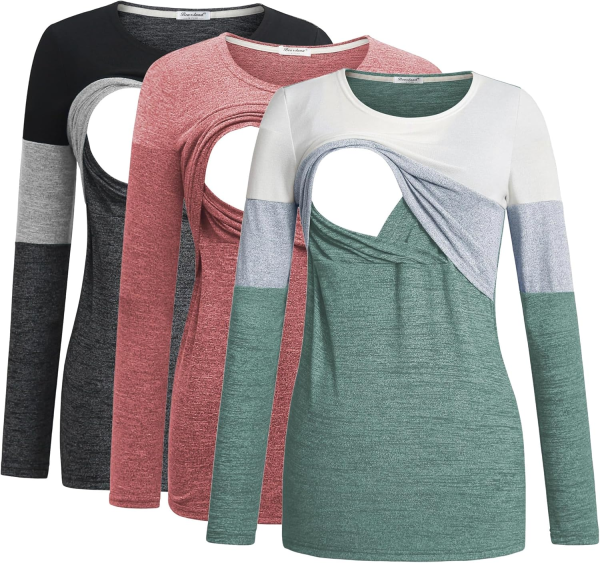 Bearsland Women'S 3 Packs Maternity Clothes Long Sleeves Breastfeeding Shirts Nursing Top
