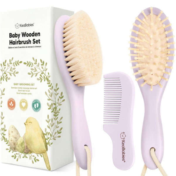 Baby Hair Brush and Comb Set for Newborn - Wooden Baby Hair Brush Set with Soft Goat Bristle, Baby Brush Set for Newborns Baby Brush and Comb Set Girl, Boy, Toddler Cradle Cap Brush (Oval, Walnut)