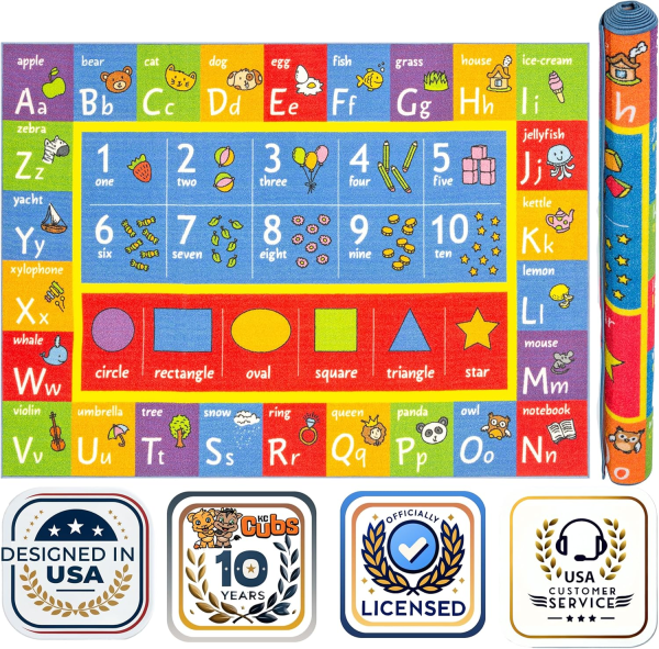 KC Cubs ABC Alphabet, Numbers and Shapes Educational Learning & Fun Game Play Area Non Slip Boy & Girl Kids Rug Carpet for Children Bedroom, Toddler Classroom & Baby Playroom Mat, Playtime Activity