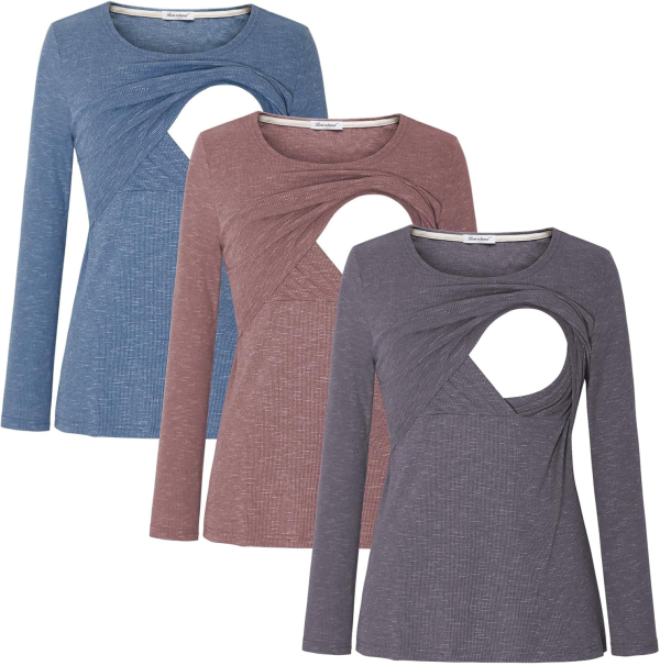 Bearsland Women'S 3 Packs Maternity Clothes Long Sleeves Breastfeeding Shirts Nursing Top