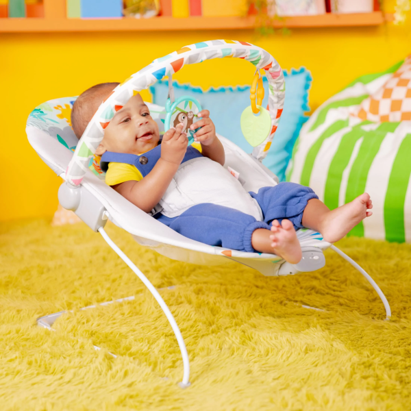Bright Starts Vibrating Infant Baby Bouncer with Toy Bar, Safari Fun