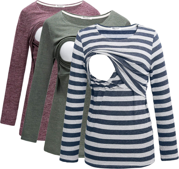 Bearsland Women'S 3 Packs Maternity Clothes Long Sleeves Breastfeeding Shirts Nursing Top