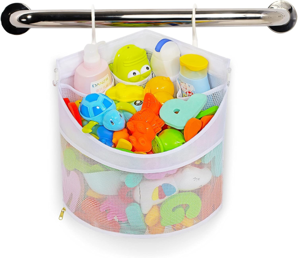 Baby Bath Toy Organizer, Quick Drying and Mould Proof, Corner Hang-Suspension Holder, Large Capacity Multi Use Shower Caddy (White)