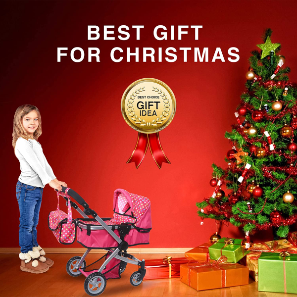 Fash N Kolor Foldable Pram for Baby Doll with Polka Dots Design with Swiveling Wheel Adjustable Handle