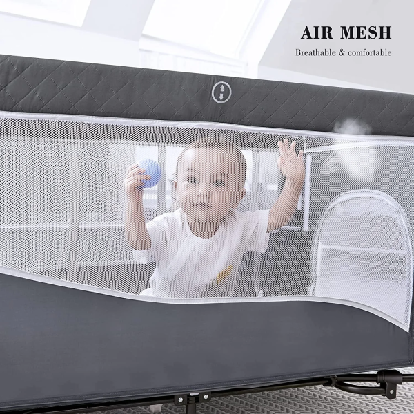 ANGELBLISS 5 in 1 Flat Bassinet Bedside Sleeper, Rocking Bassinet, Easy Folding Portable Playards, Pack and Play with Mattress, Diaper Changer and Music Mobile(Dark Grey)(0-12Months)