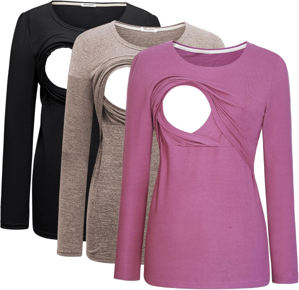 Bearsland Women'S 3 Packs Maternity Clothes Long Sleeves Breastfeeding Shirts Nursing Top