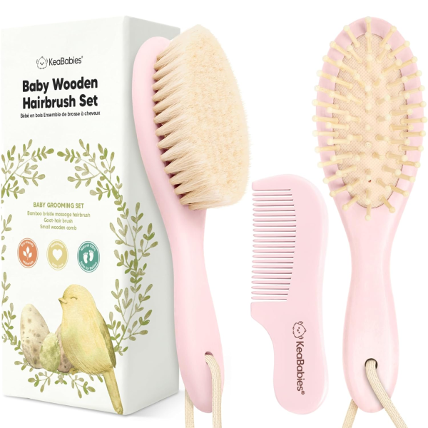 Baby Hair Brush and Comb Set for Newborn - Wooden Baby Hair Brush Set with Soft Goat Bristle, Baby Brush Set for Newborns Baby Brush and Comb Set Girl, Boy, Toddler Cradle Cap Brush (Oval, Walnut)