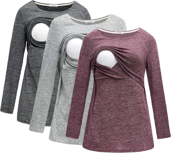 Bearsland Women'S 3 Packs Maternity Clothes Long Sleeves Breastfeeding Shirts Nursing Top